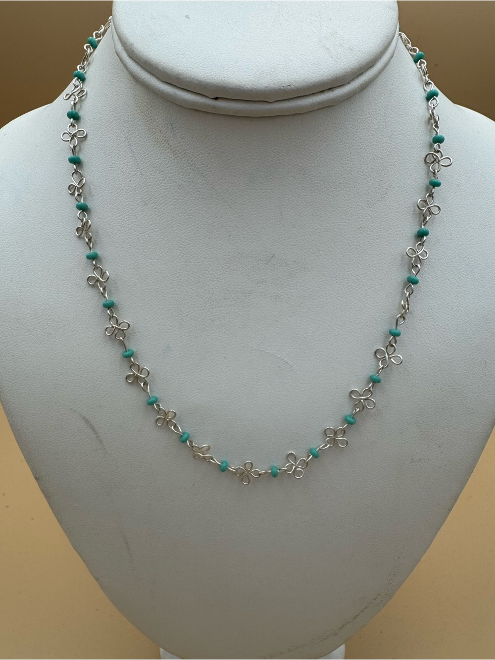 Sterling Silver Flower Link Necklace with Turquoise Beads - Women's Jewelry. 131